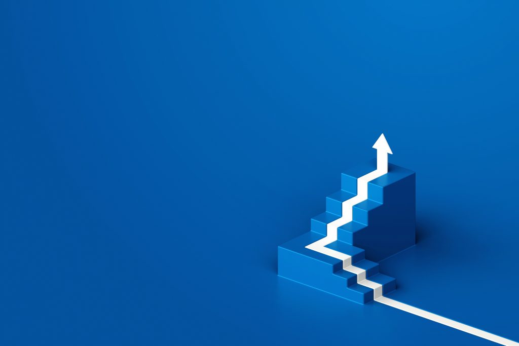 A graphic illustration of an arrow ascending a staircase.